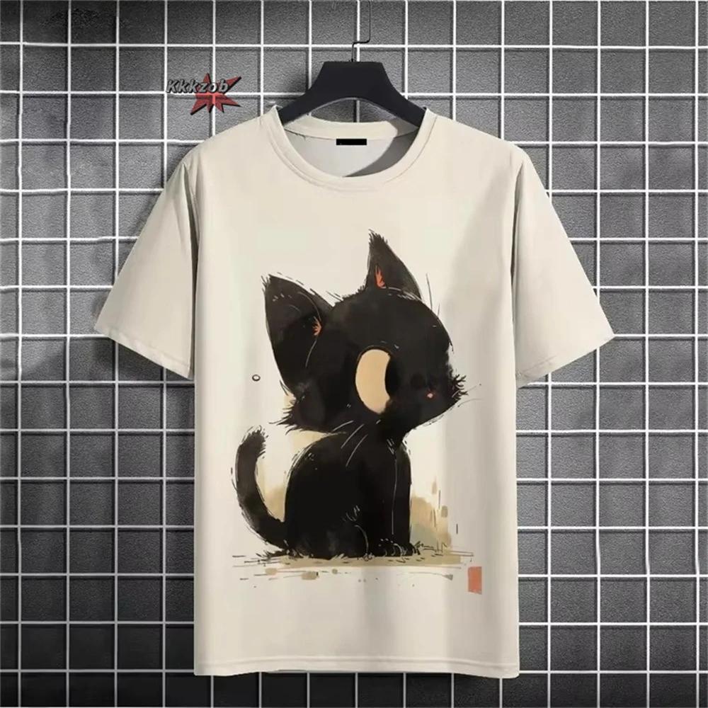 Japonais Ukiyo-E motif de chat mignon col rond hommes à manches courtes quotidien surdimensionné T-S