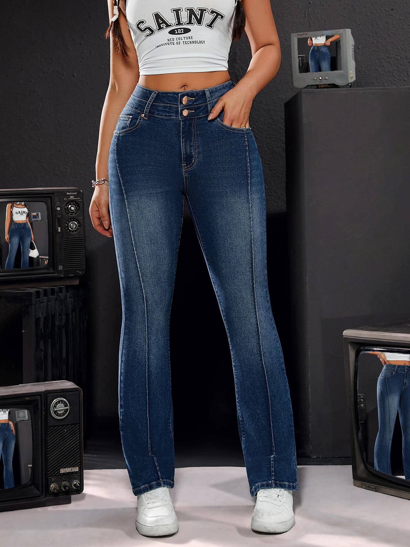 Pantalon en jean stretch taille haute pour femme, détails à double bouton, coupe confortable, jambe 