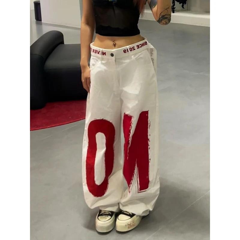 ZHIZOU femmes blanc lettre imprimer Y2k Baggy jean 2000s Style Denim pantalon Harajuku Vintage surdi