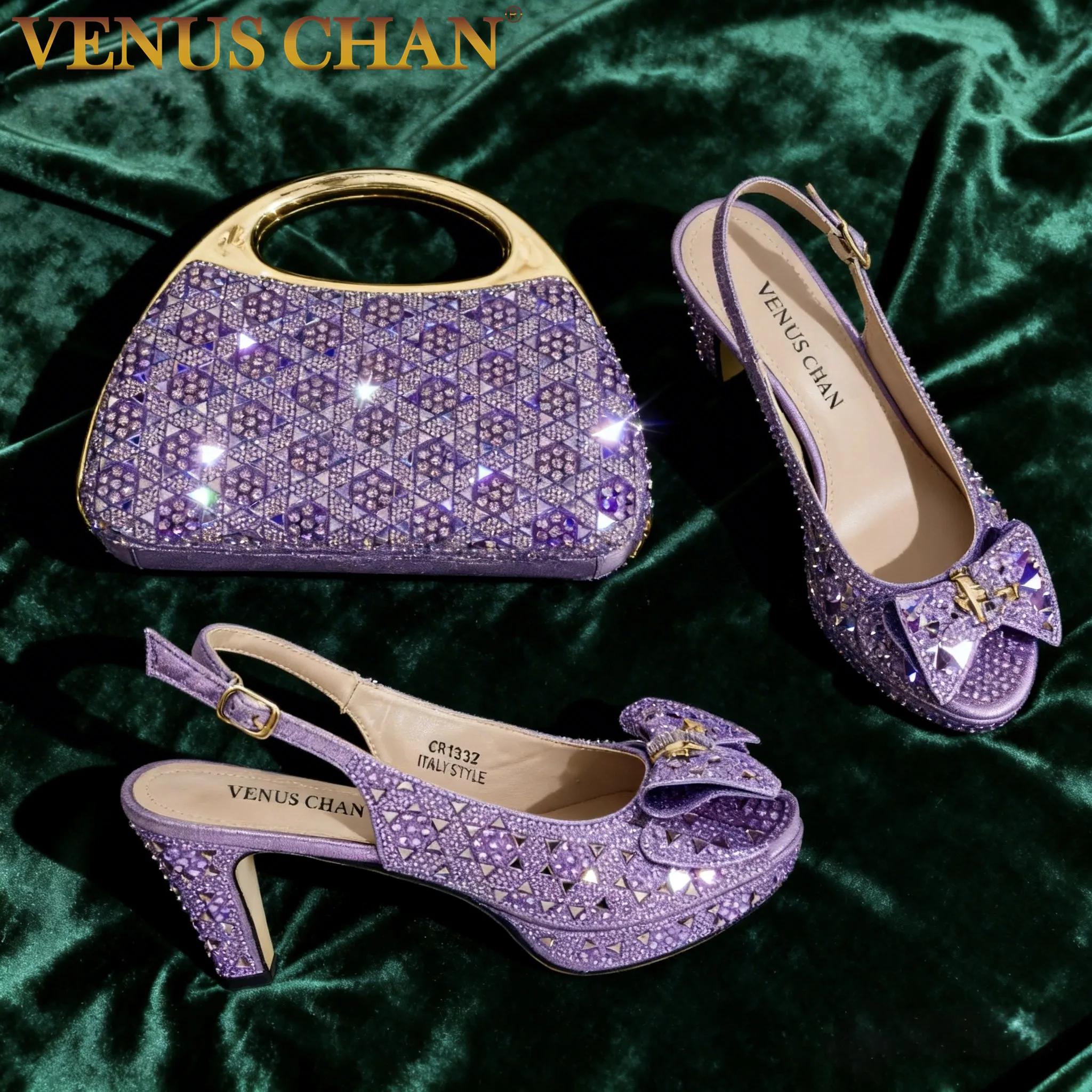Ensemble de sandales à talons hauts et sac assorti en strass violet clair chic pour femme – Chaussur