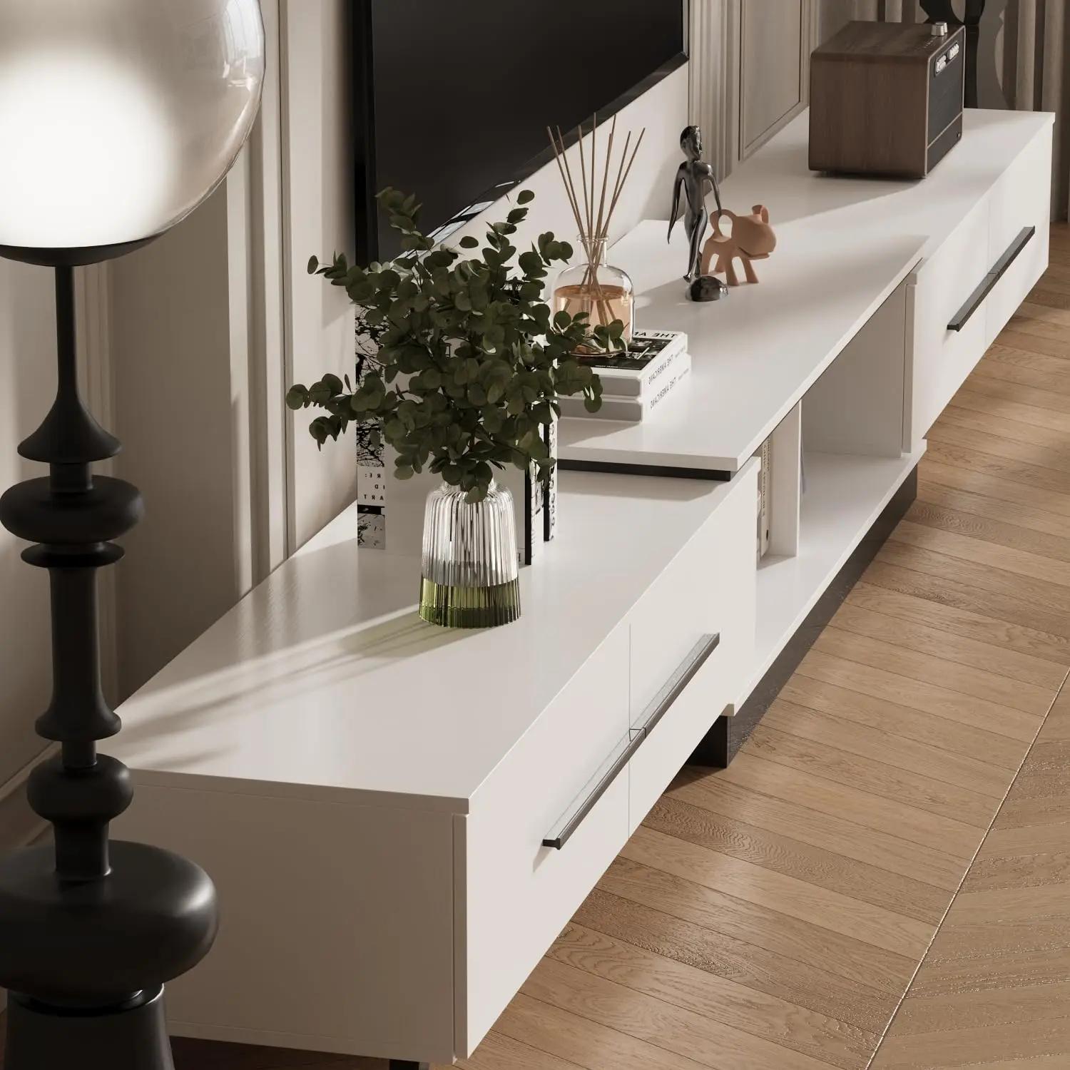 Meuble TV réglable en longueur et en forme, console multimédia 100 pouces, 4 tiroirs, 2 étagères, sa
