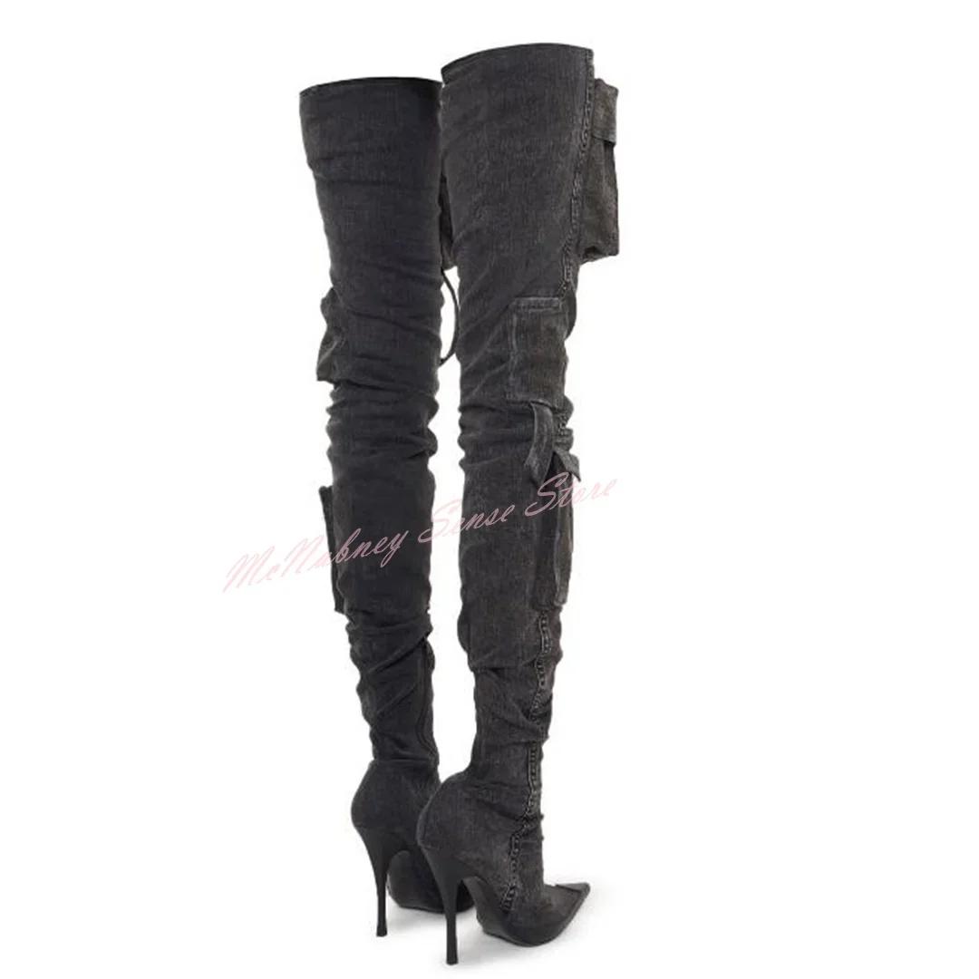 Bottes à lanières de poche en denim pour femmes, chaussures pointues Parker, talons aiguilles, cuiss