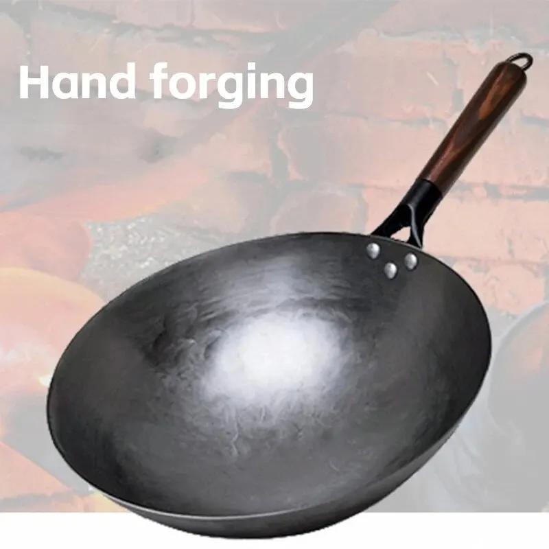 Poêle à frire domestique en fer forgé à la main sans revêtement, pot traditionnel sans fer, manche e