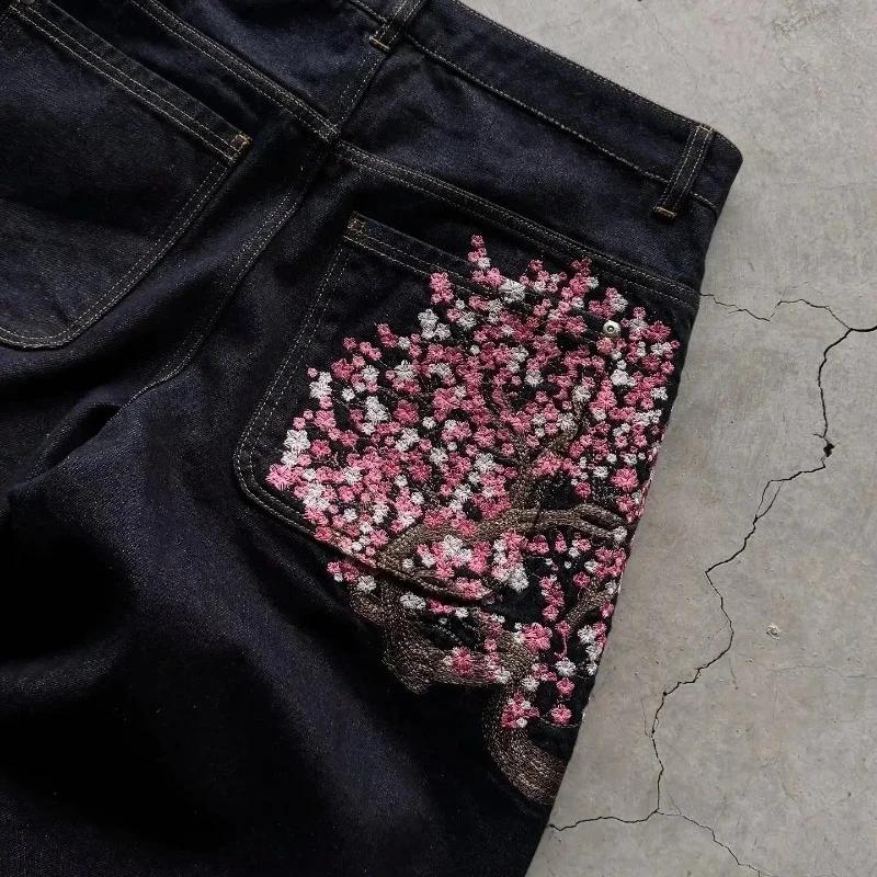 Y2K Baggy jeans fleur de cerisier lisière broderie Denim pantalon hommes femmes denim tissu américai