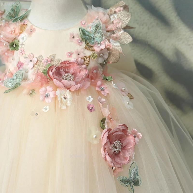 Robe Lolita pour filles, fleurs 3D, tulle bouffant, perles, robe de princesse pour demoiselle d'honn