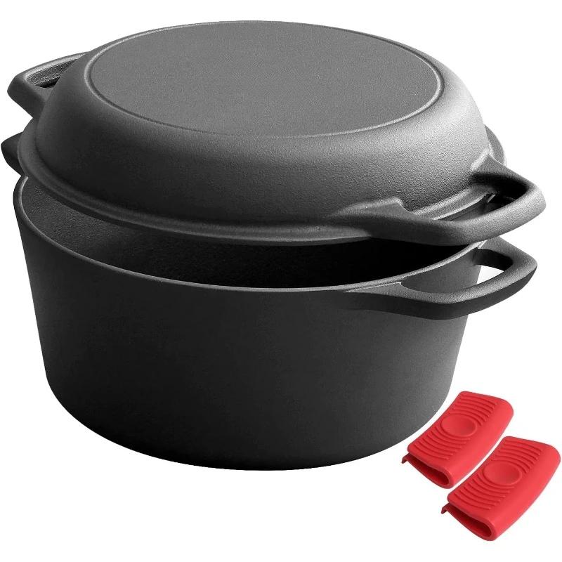 Four en fonte hollandaise pré-assaisonné 2 en 1, friture, cuisson, camping, barbecue, maison, 5QT