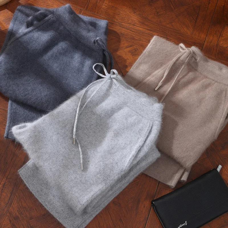 100% vison cachemire pantalon automne hiver nouveaux hommes taille élastique cachemire pantalon jeun