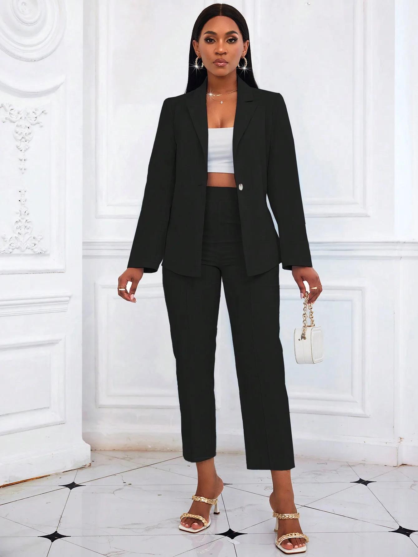 Ensemble tailleur noir uni deux pièces pour femme 2026 : Blazer à manches longues et pantalon court 