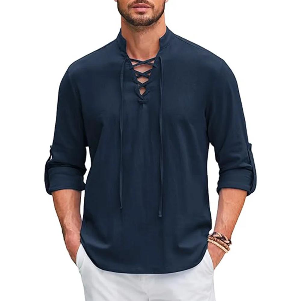 Chemise Renaissance pour hommes, haut Pirate Viking médiéval, chemises en coton et lin, manches long