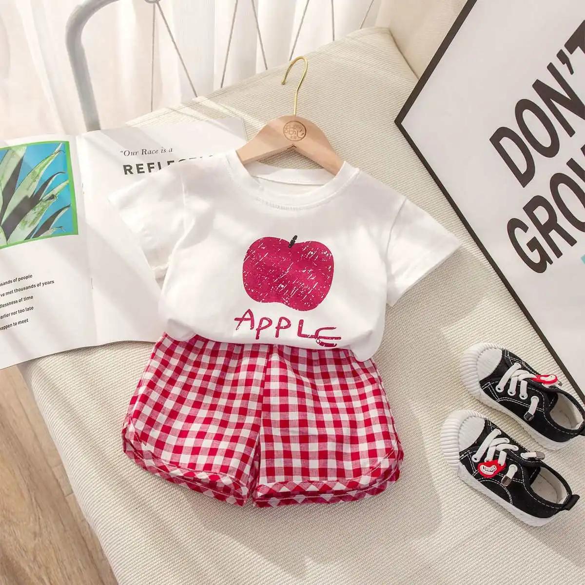Ensemble 2 pièces pour enfants, haut à manches courtes et col rond + Short à carreaux, fruits, citro
