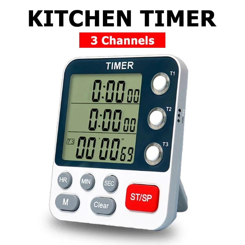 Minuterie de cuisine numérique à 3 canaux, compte à rebours/bas, réglable, 3 niveaux de Volume, réve