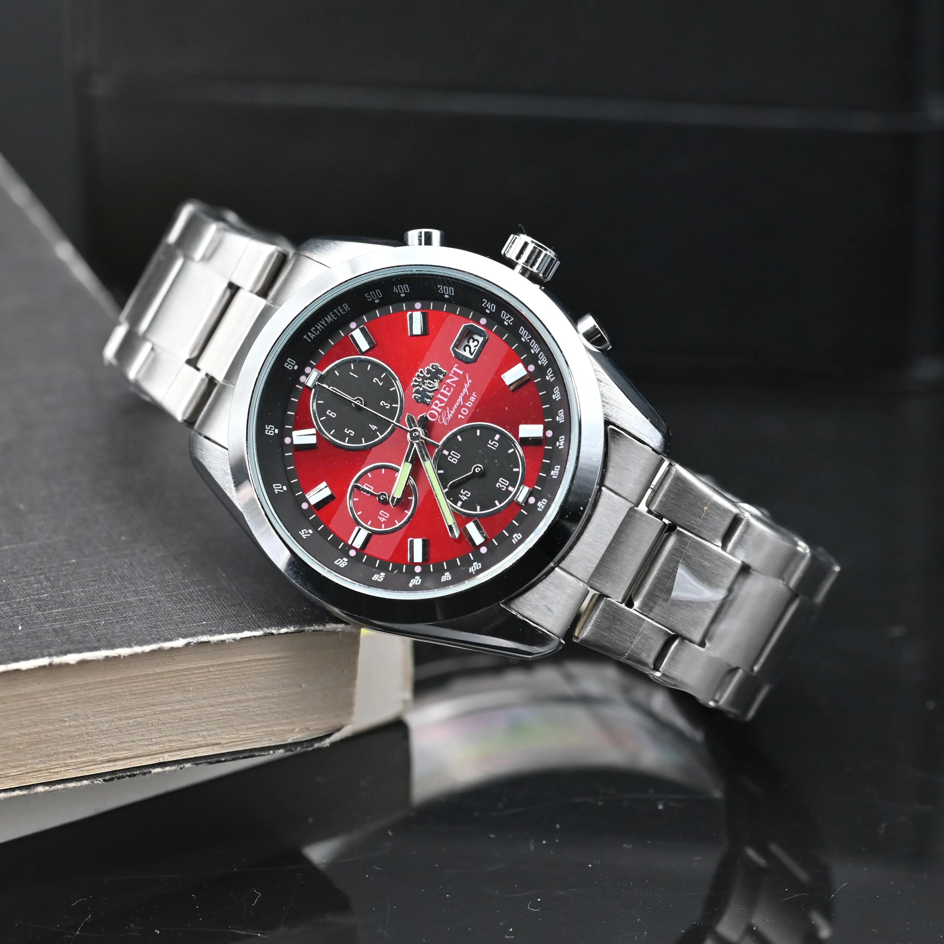 Orient Montre chronographe à quartz pour homme, cadran rouge, bracelet en acier inoxydable, montre-b