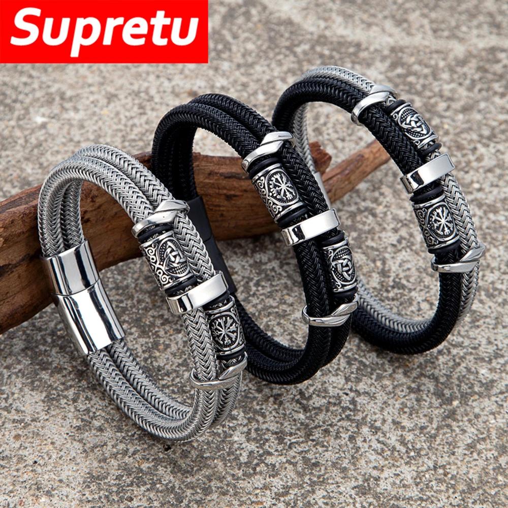 Vikings Runes Double couche Bracelet pour hommes en acier inoxydable câble métallique nordique Triqu