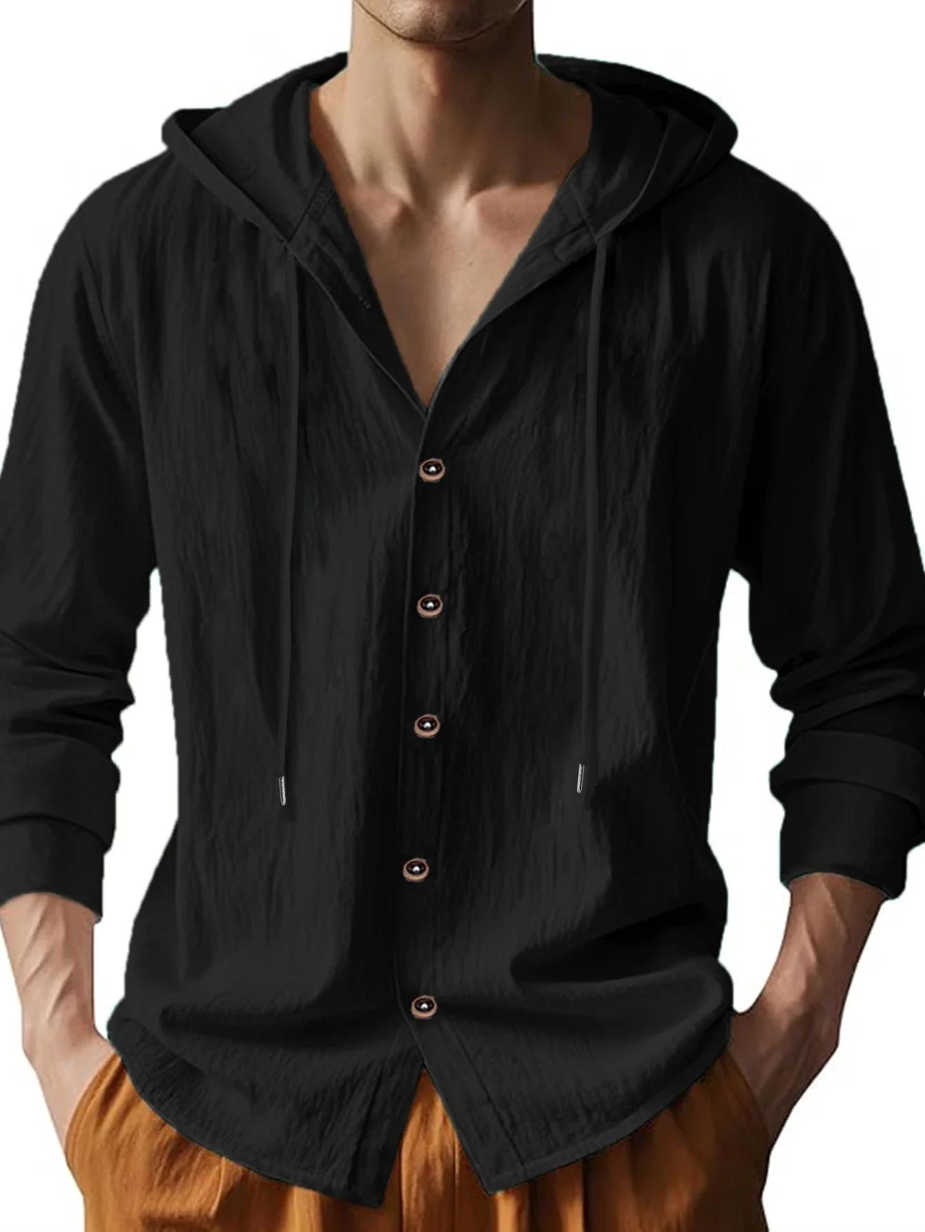 Été offre spéciale plage Style chemises hommes à manches longues avec capuche coton lin couleur unie