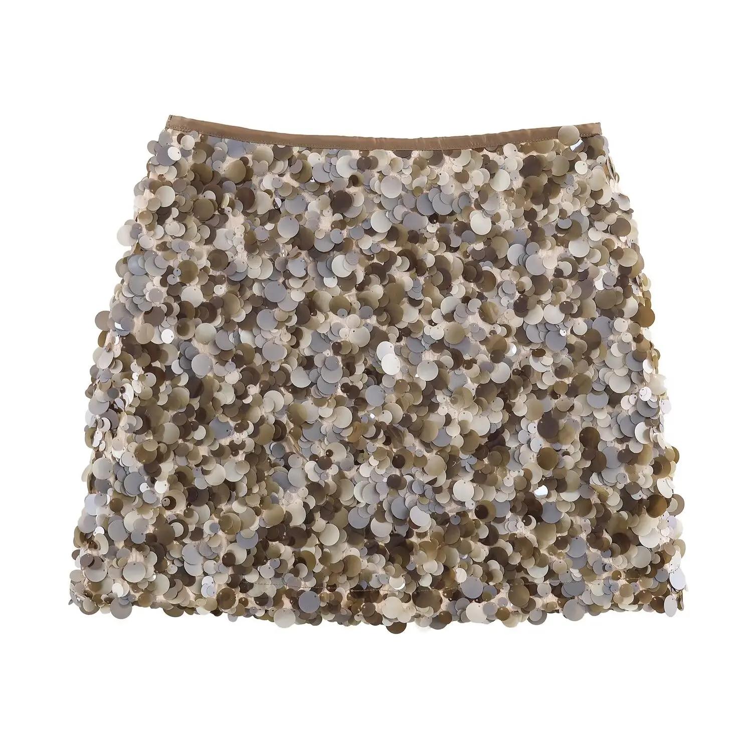 Femmes printemps automne Chic Mini jupes mode avec paillettes solide côté fermeture éclair jupe cour