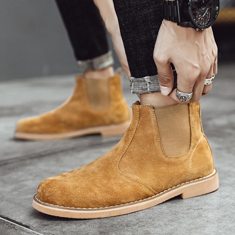 Mode daim désert bottes hommes haut Chelsea bottes en cuir chaussures décontractées mâle sans lacet 