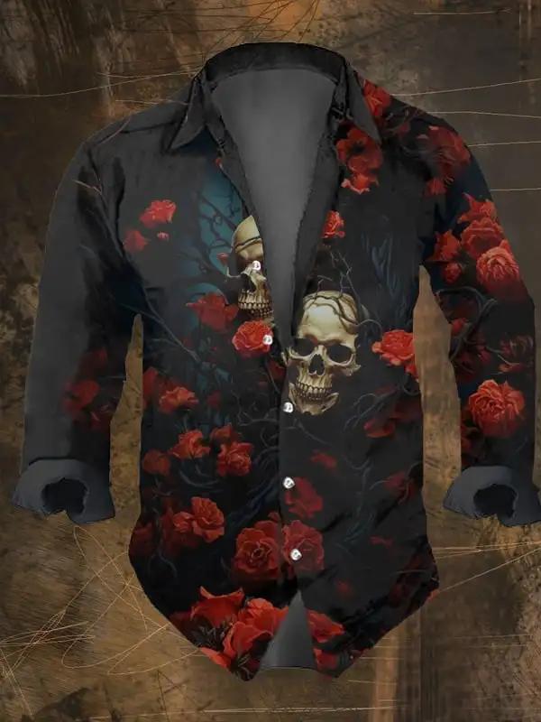 Chemise à manches longues décontractée noire à imprimé de crâne foncé vintage pour hommes d'Hallowee