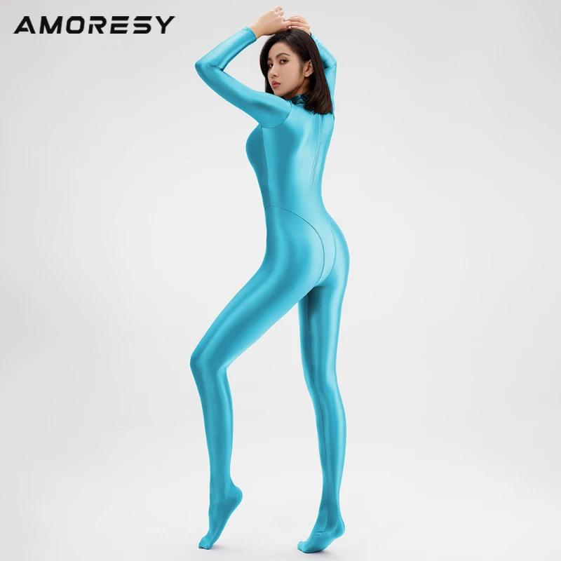 AMORESY Sexy Brillant Manga Longa Corpo Inteiro Collants huile Suave Correndo Macacão Yoga Zentai dé