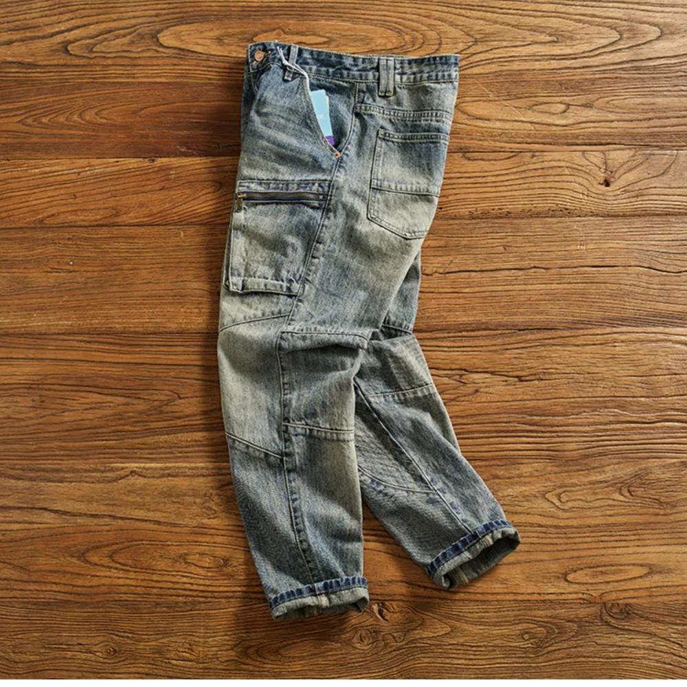Machete épissage moto jean hommes américain vintage lavage pour faire vieux mince petite jambe droit