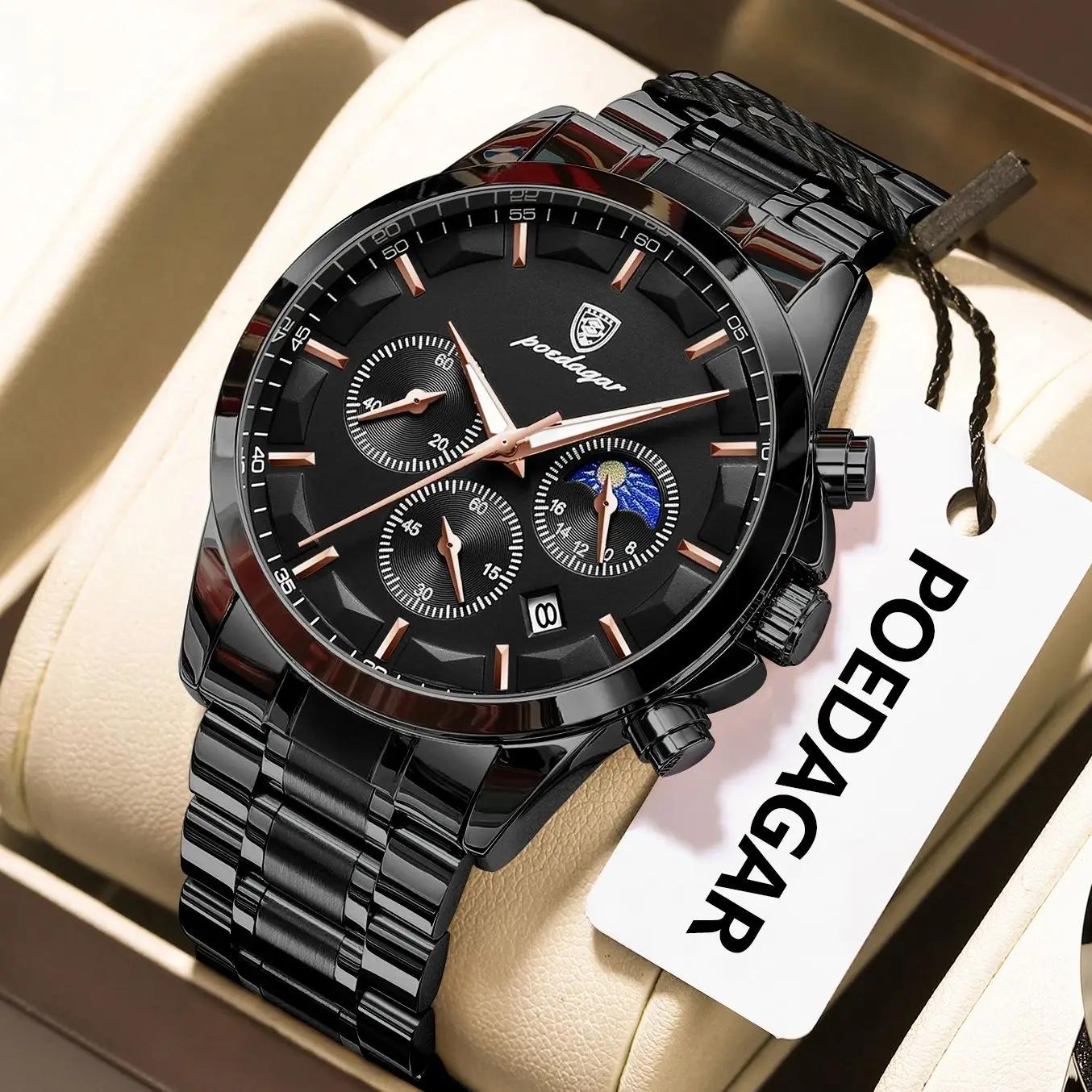 POEDAGAR Top mode hommes montres étanche lumineux en acier inoxydable hommes montre-bracelet chronog