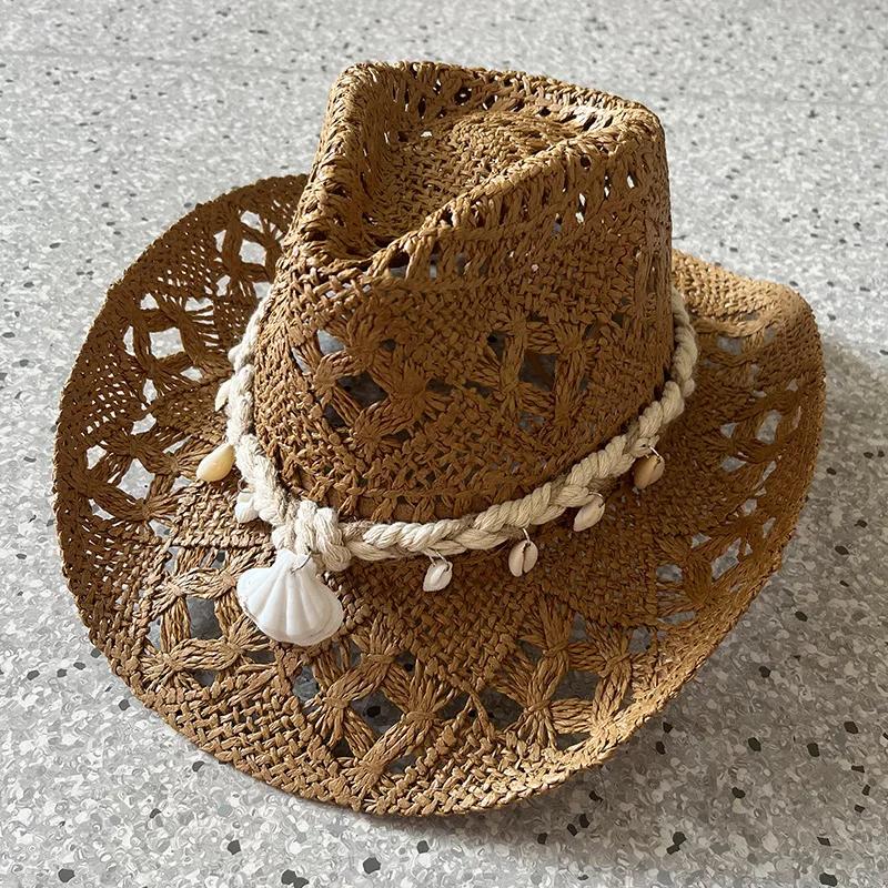 Chapeau de paille tissé à la main pour femmes, 1 pièce, décoration de coquille, chapeau de soleil de