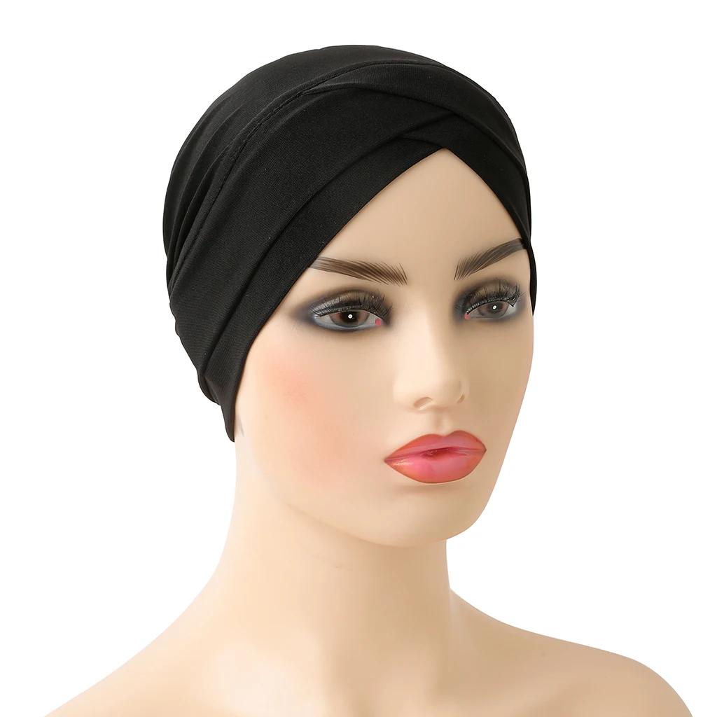 H117 front croisé musulman Turban couleur Pure extensible intérieur Hijabs pour casquettes prêt à po