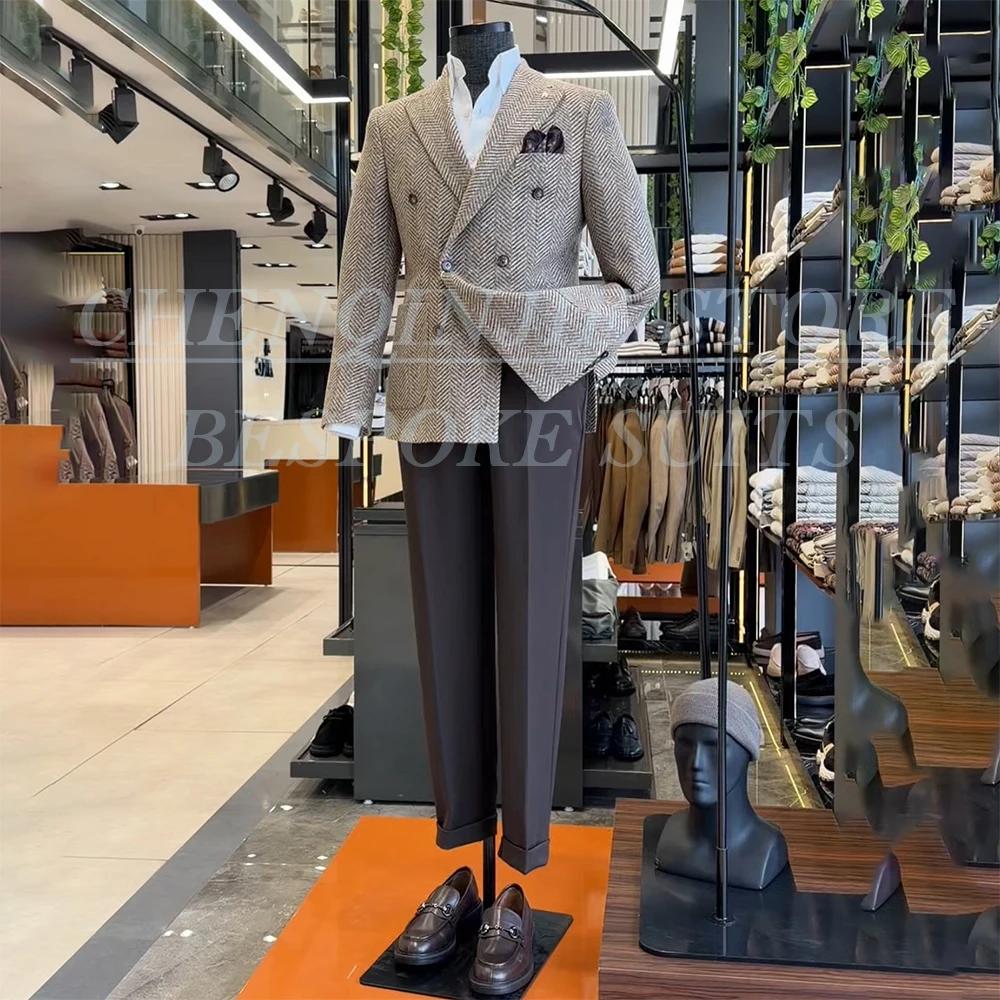 Costumes pour hommes en tweed à double boutonnage, mode, ensemble 2 pièces, veste et pantalon, ensem