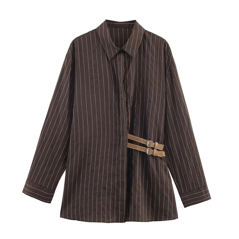 Chemise femme 2025 hiver nouveau Style chemise à manches longues rayée marron rougeâtre avec décor d