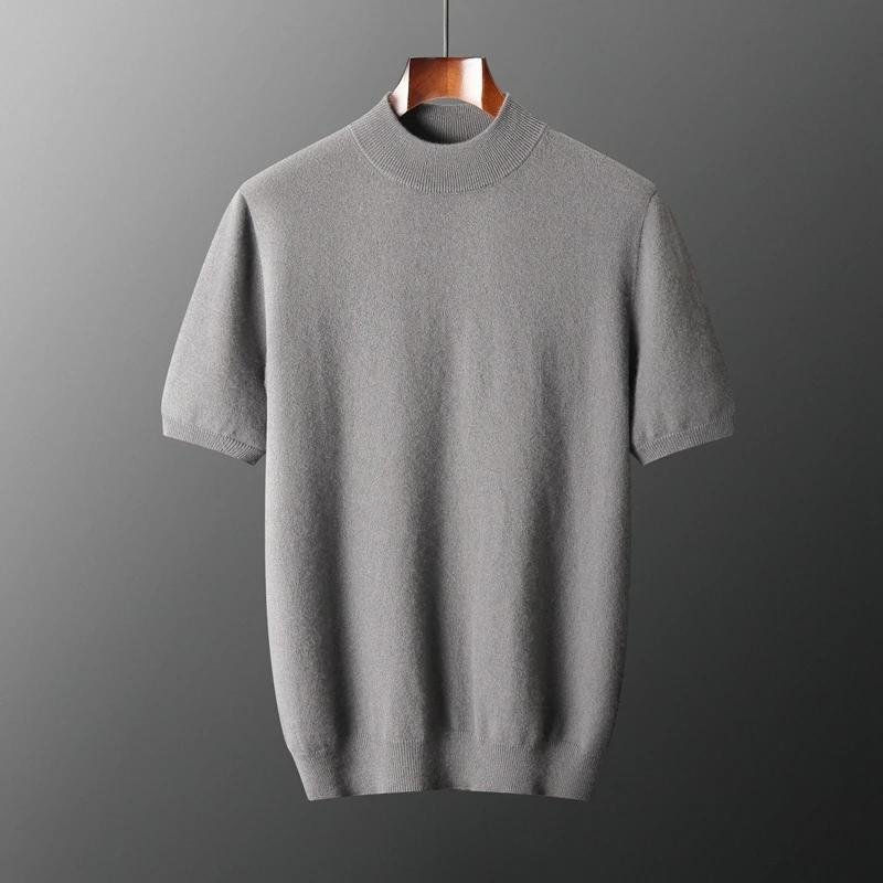 Pull à manches courtes en cachemire pur pour hommes, pull en tricot décontracté, ample, col semi-hau