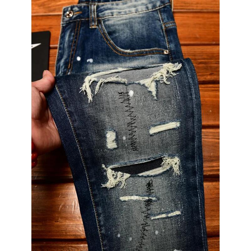 Jean nostalgique haut de gamme pour hommes, coupe slim avec petits trous, patchs grattés, tendance d
