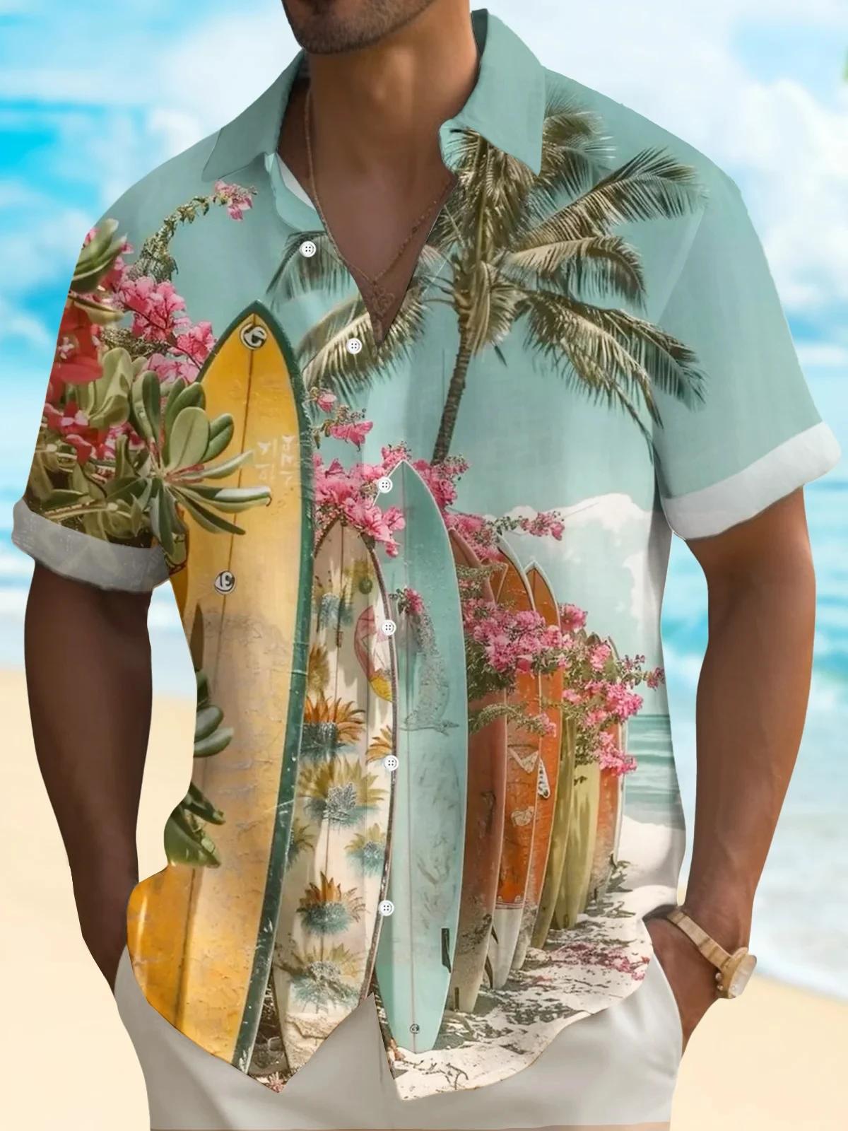 Chemise homme manches courtes hawaïenne bleu palmier imprimé bouton chemise été plage chemise Campin