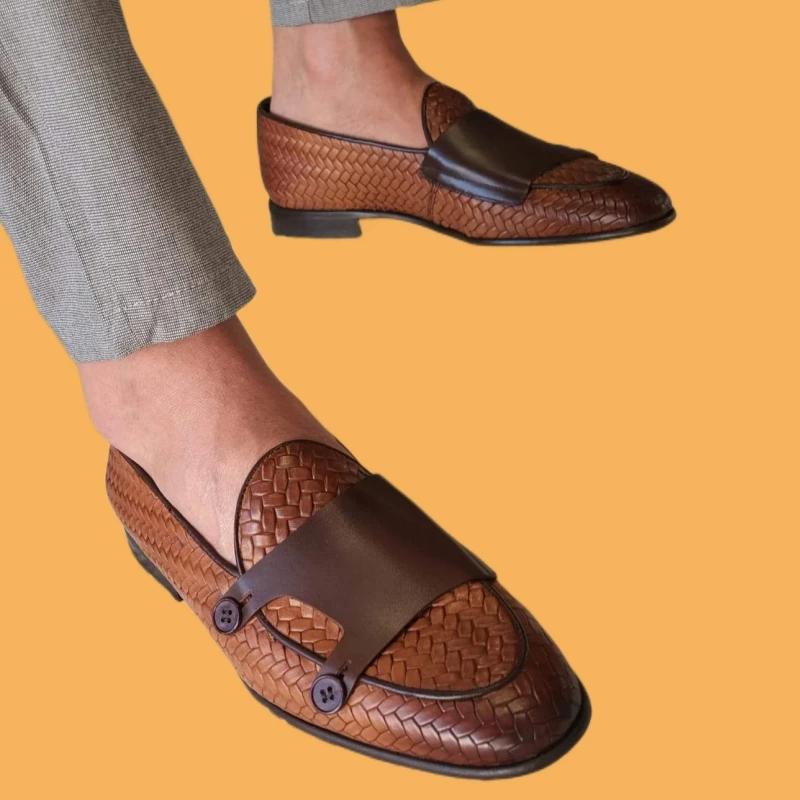 Mocassins d'affaires en cuir PU pour hommes, chaussures provoqué en tricot, marron, noir, fait à la 