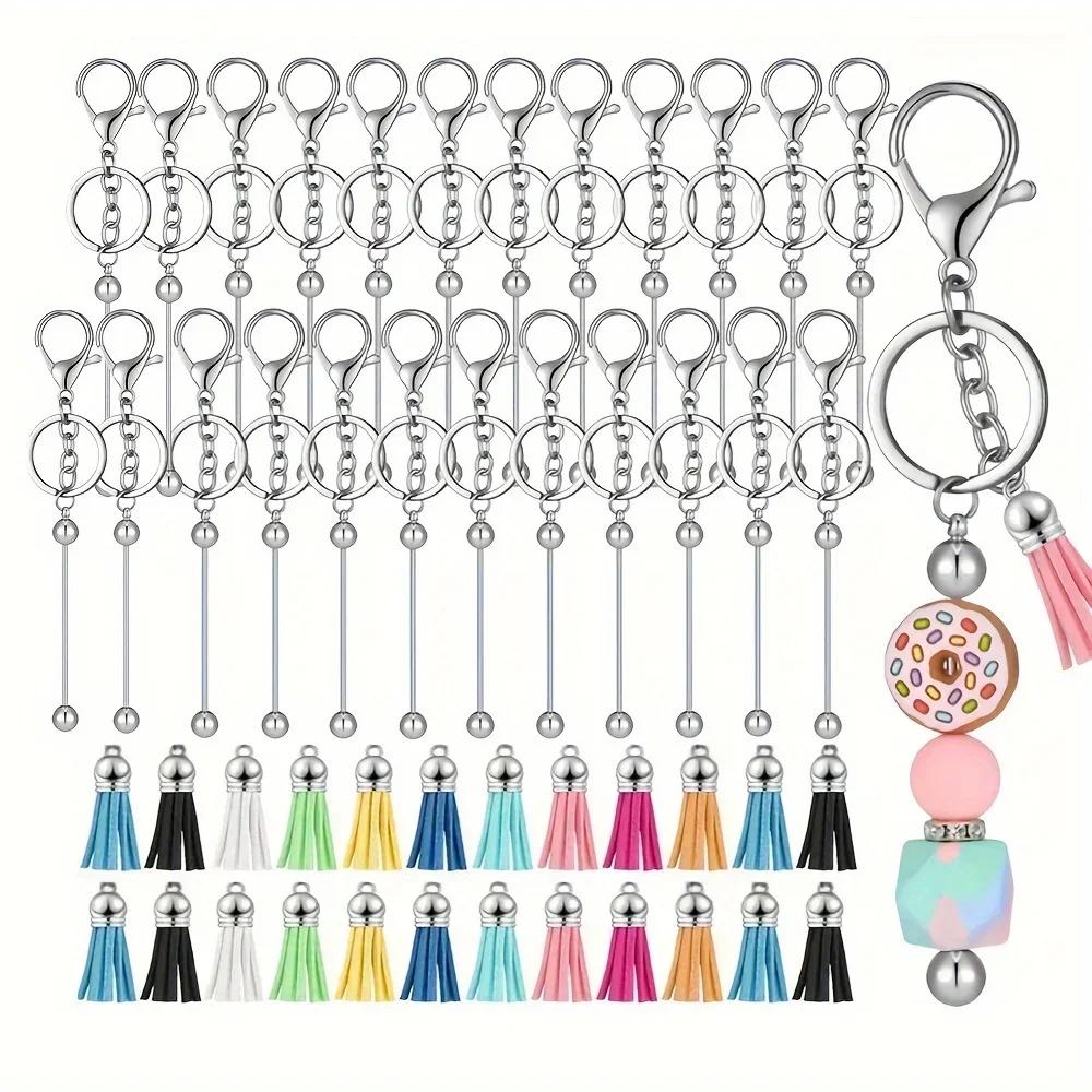 Porte-clés perlé, barres vierges, bandes colorées en cuir, pompon ample pour bricolage, pendentif, b