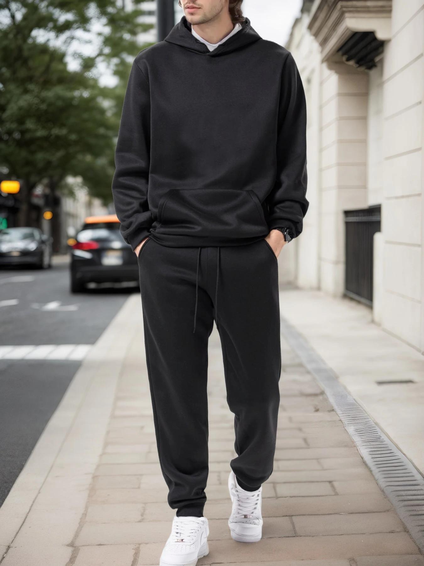 Sweat à capuche + pantalon de jogging pour hommes, couleur unie, ensemble deux pièces, à la mode, vê
