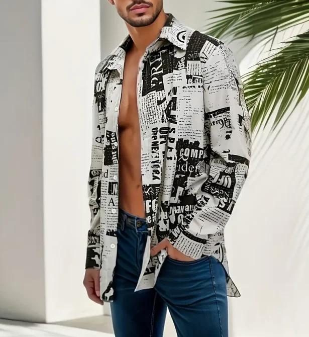Chemises à manches longues pour hommes, imprimé en 3D, motif de journal, chemises à col roulé, à la 