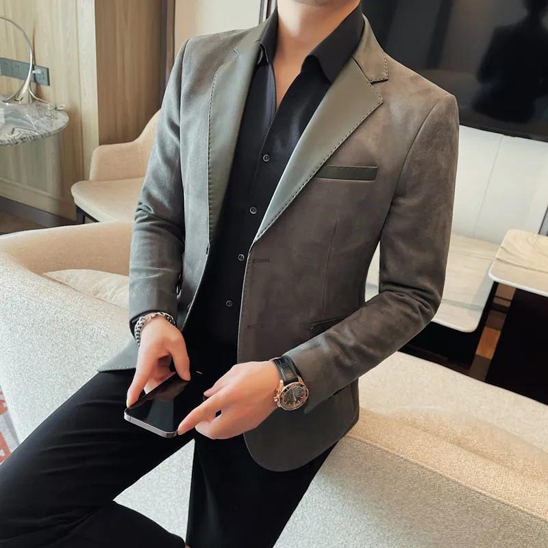 Veste en cuir à simple boutonnage pour hommes, de haute qualité, à la mode, col épissé, couleur unie