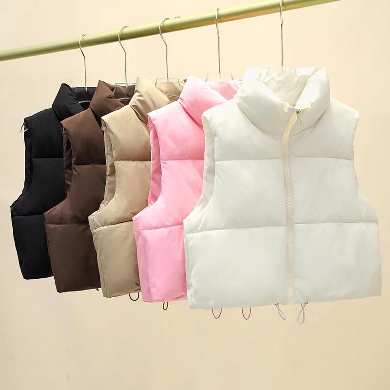 Gilet court sans manches pour femme, veste chaude à col montant avec fermeture éclair, manteaux cour