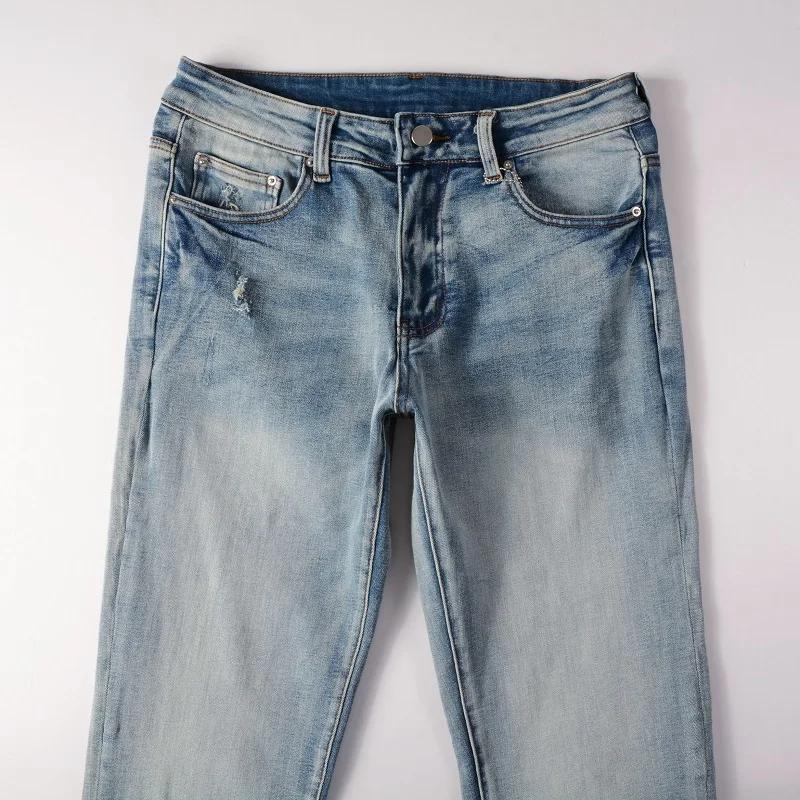 Jean classique en Denim extensible bleu clair pour hommes, Streetwear Vintage déchiré en coton, pant