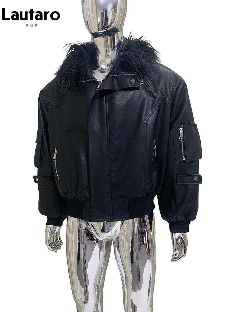 Mauroicardi automne hiver court surdimensionné noir chaud veste en cuir Pu hommes avec fausse fourru