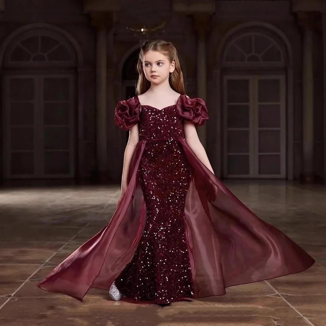 Nouvelle robe de princesse sirène à paillettes pour filles 2026, robe élégante rouge pour spectacle 