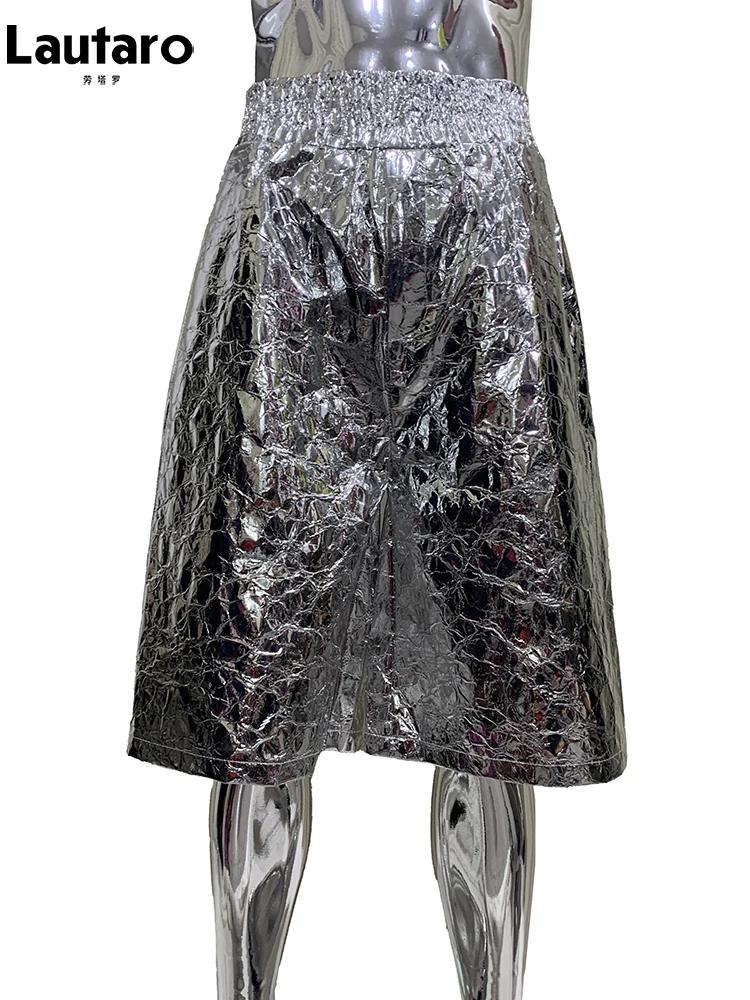 Lautaro été automne brillant argent Faux cuir Shorts pour hommes avec taille haute élastique Y2K Str