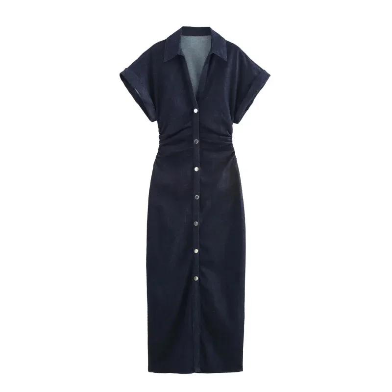 Printemps nouvelle série 1975 denim robe MIDI avec revers côté fermeture éclair mode rides taille mi