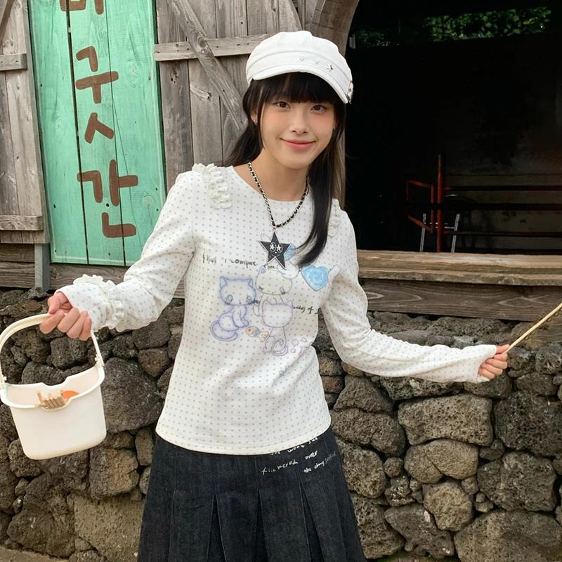Karrram japonais Y2k Anime imprimé tricoté hauts 2000s esthétique à manches longues T-shirt Cutecore