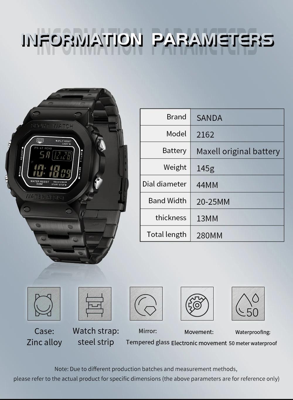 SANDA 2162 montre électronique pour hommes carré étanche multi fonctionnel montre-bracelet carré mod