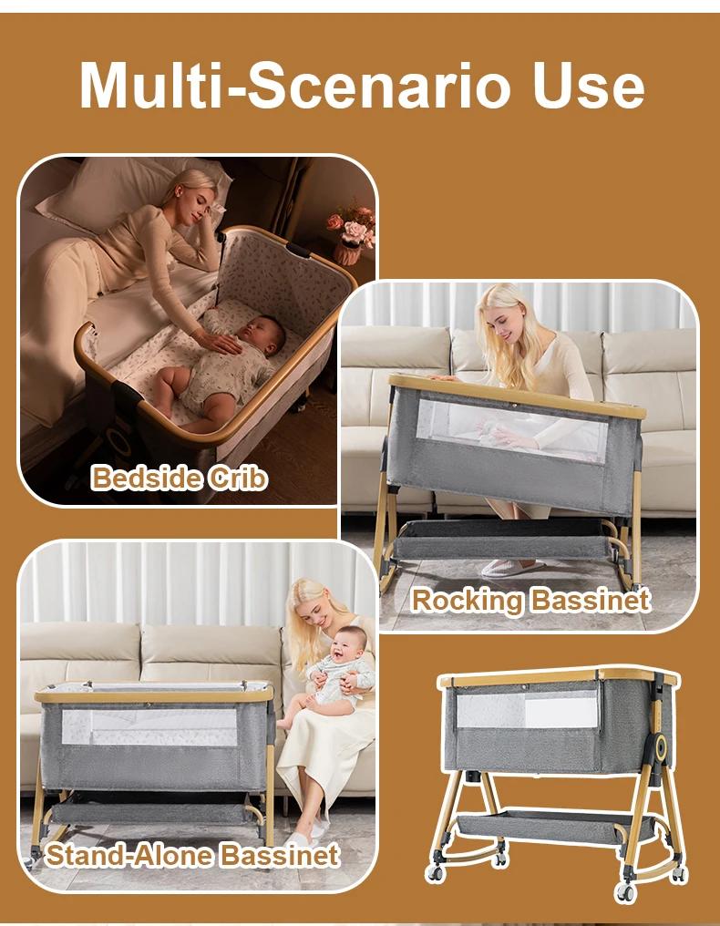 Lit bébé multifonctionnel avec réglage de hauteur pliable, berceau portable et mobile à accrocher au