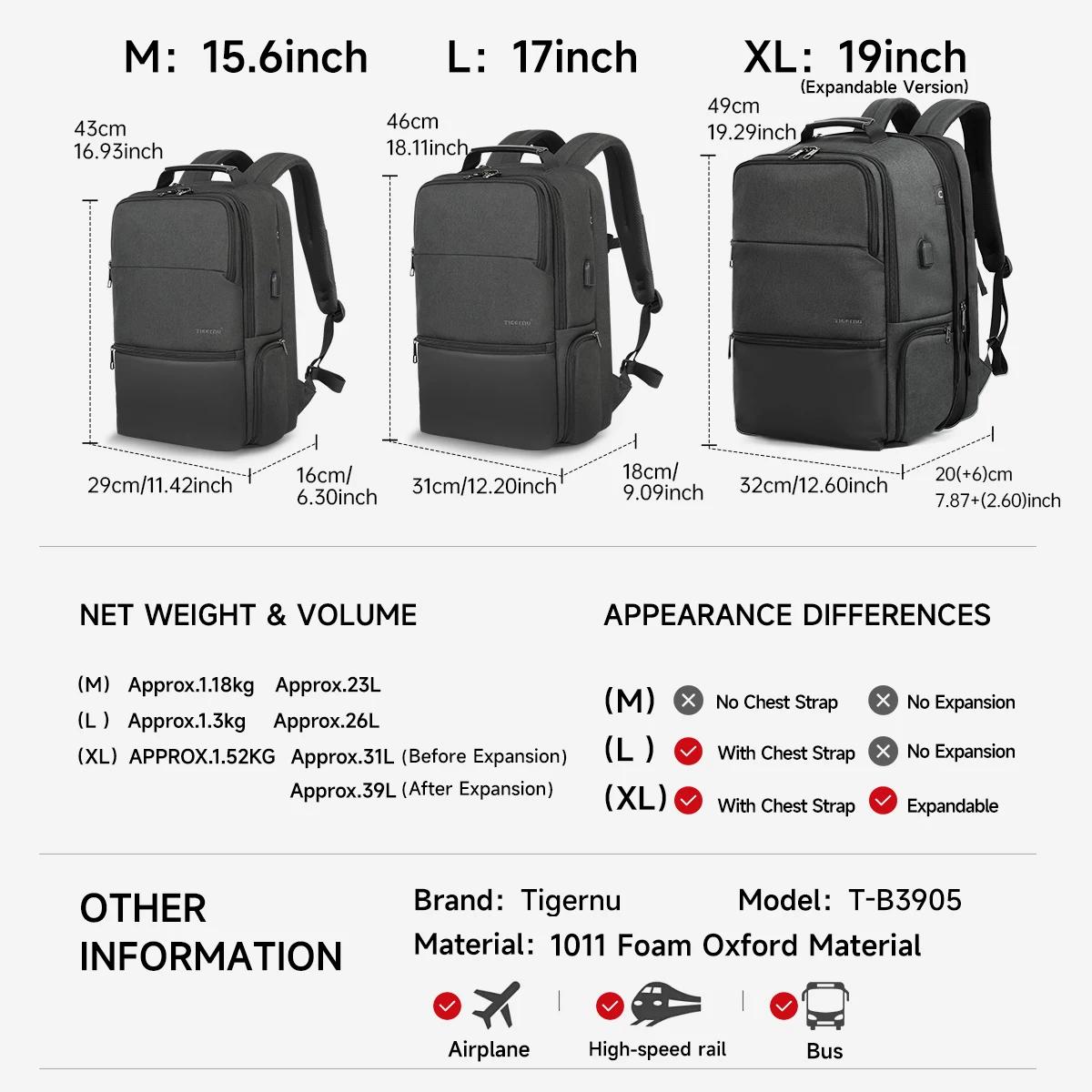 Tigernu sacs à dos de voyage pour hommes 15.6 17 19 ''sac à dos pour ordinateur portable homme sac à