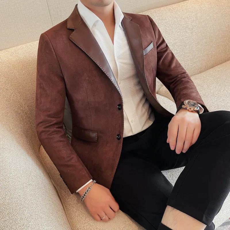 Veste en cuir à simple boutonnage pour hommes, de haute qualité, à la mode, col épissé, couleur unie