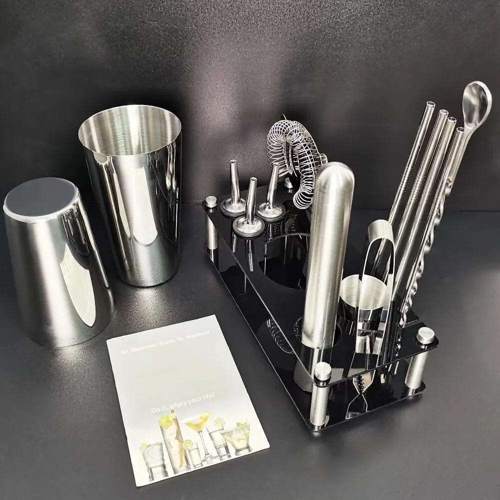 Ensemble de Shaker à Cocktail en Acier Inoxydable, Outils de Bar avec Support Noir, Shaker de 750ml,