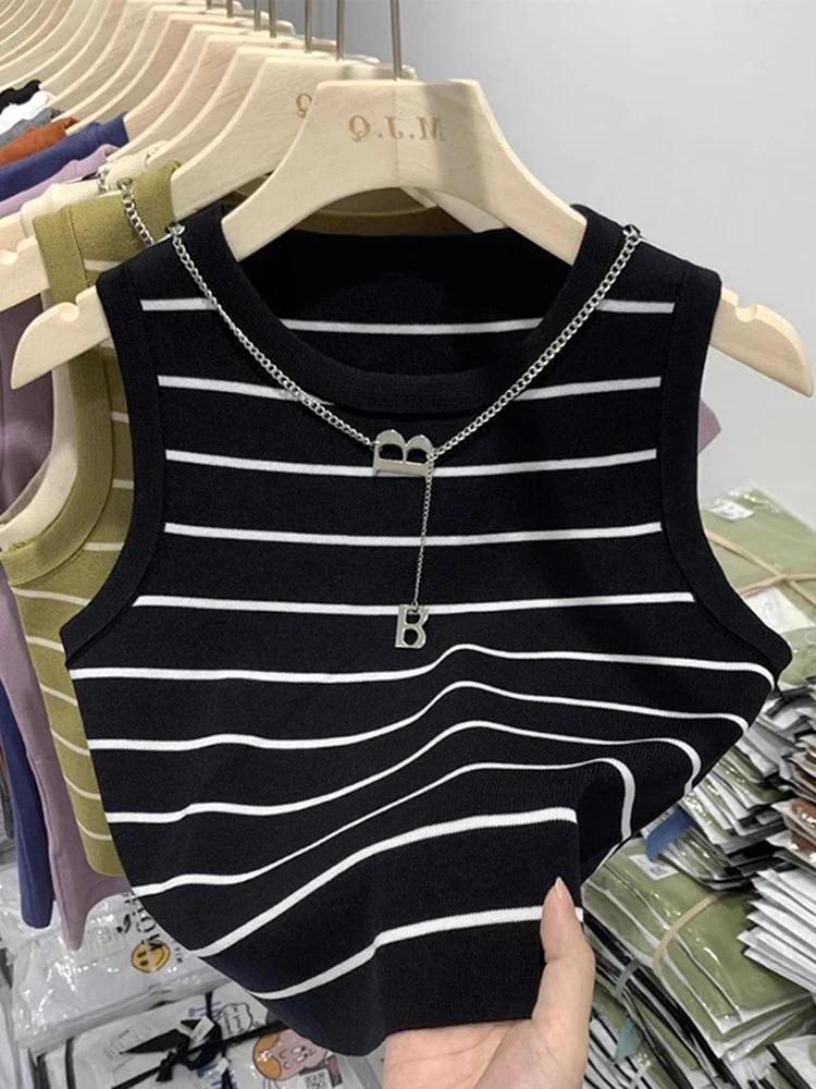AOSSVIAO Nouveauté 2026 Gilet Femme Rayé à Bord Large, Haut d'Été Tricoté Court Sans Manches, Style 