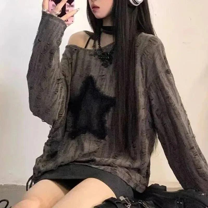 Y2K trou étoile imprimé T-Shirt femmes mode Streetwear épaules nues hauts été surdimensionné Kpop à 